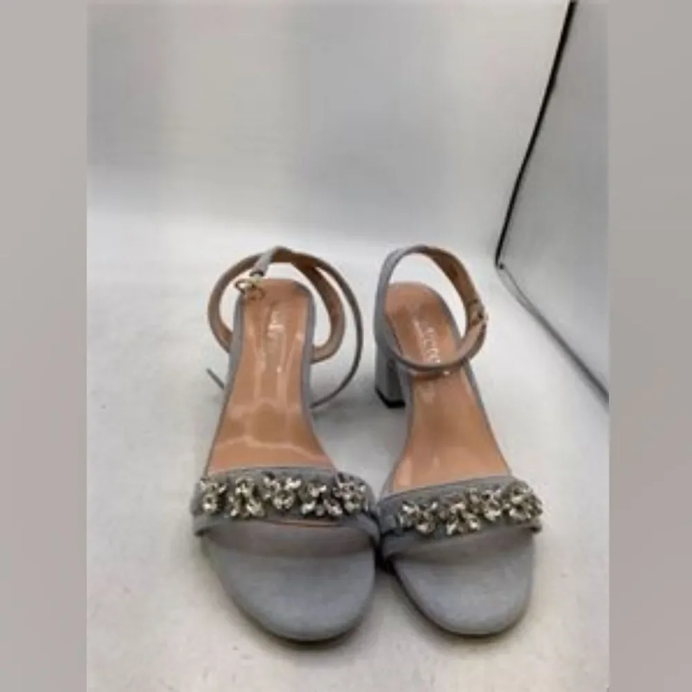 Saekcted Light Blue Gray Block Heel Rhinestone Strap Sandal Heel 7